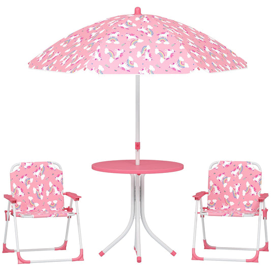 AIYAPLAY Kids Patio Table and Chair Set with a pink unicorn patterned umbrella and two matching chairs