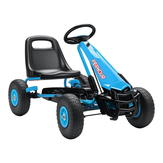 AIYAPLAY Kids Pedal Go Kart with Adjustable Seat, a blue ride-on car with black seat and wheels