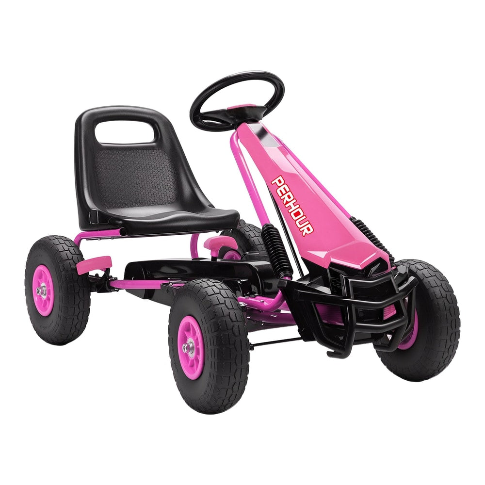 AIYAPLAY Kids Pedal Go Kart with Adjustable Seat, a pink ride-on car with black wheels and seat