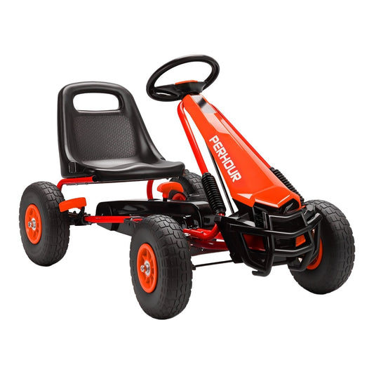 AIYAPLAY Kids Pedal Go Kart with Adjustable Seat, a red ride-on car with black seat and steering wheel