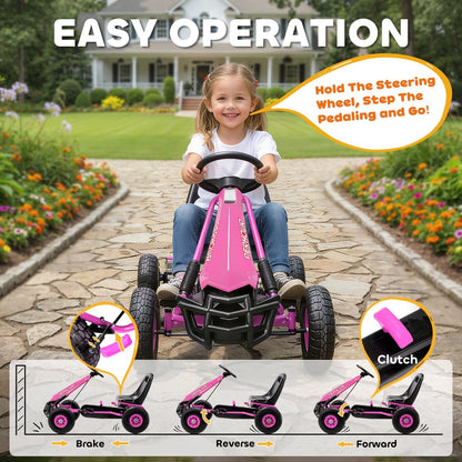 A pink pedal go kart with instructions for brake, reverse and forward gears shown