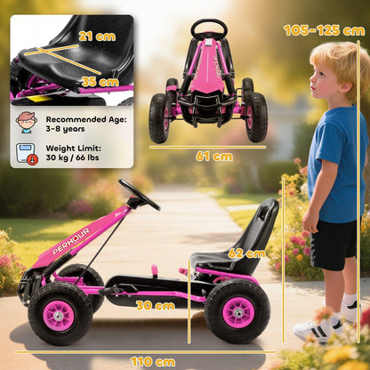 A pink pedal go kart with dimensions and recommended age and weight limits shown