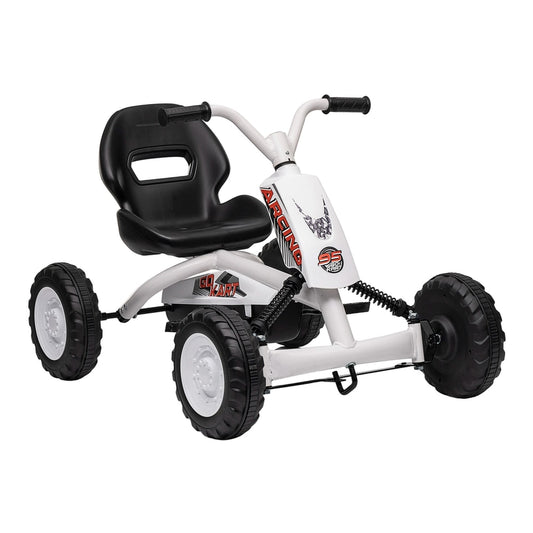 AIYAPLAY Kids Pedal Go Kart with Steel Frame, sporty white design with black seat and wheels