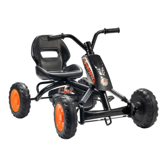 AIYAPLAY Kids Pedal Go Kart with Steel Frame in black with bright orange wheels on a white background