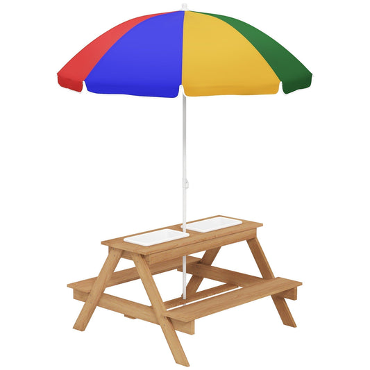 AIYAPLAY Kids Picnic Table with a colourful parasol and two white storage bins on the tabletop