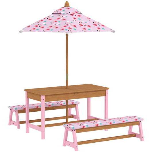 AIYAPLAY Kids Picnic Table Set with pink flamingo umbrella and two benches
