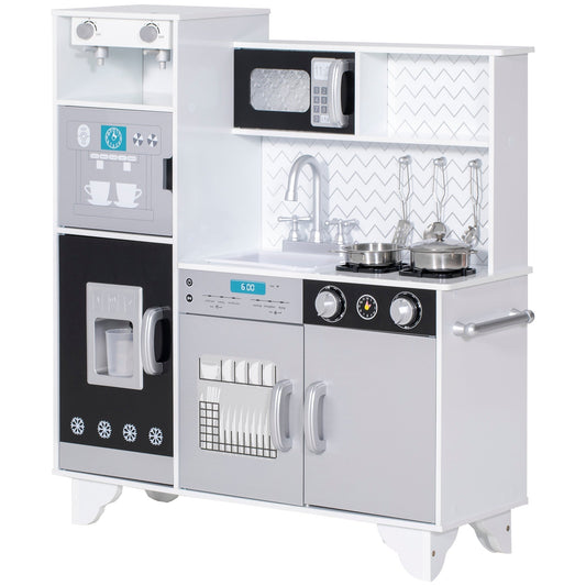 AIYAPLAY Kids Play Kitchen with Sound, a white and grey toy kitchen with microwave, oven and sink