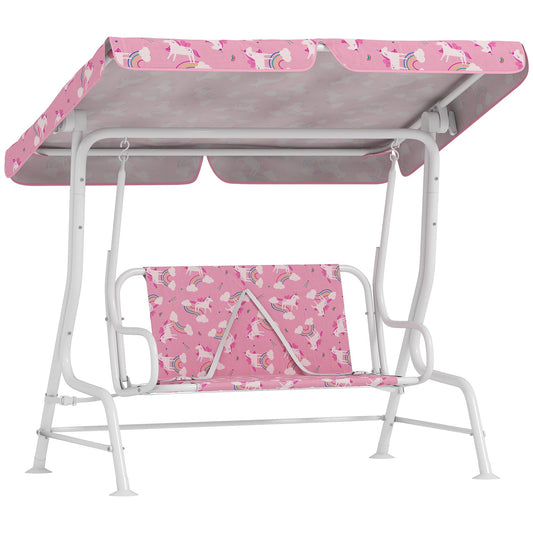 AIYAPLAY Kids Porch Swing with a pink unicorn pattern canopy and matching seat bench