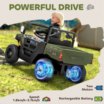 A child driving the green kids electric UTV on a grassy slope, showing speed and battery