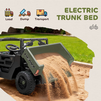The green kids electric UTV with its electric dump bed raised, unloading sand