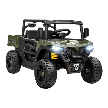 AIYAPLAY Kids Ride on Car, a green electric UTV with a dump bed and four-wheel suspension