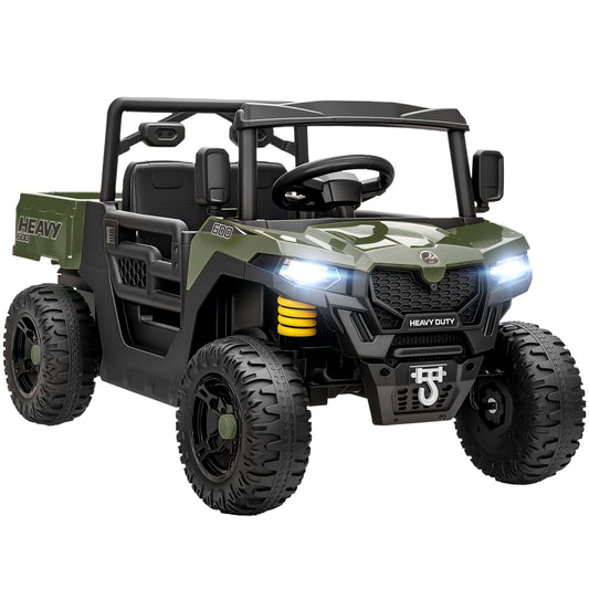 AIYAPLAY Kids Ride on Car, a green electric UTV with a dump bed and four-wheel suspension
