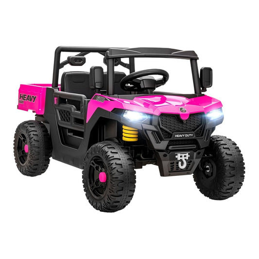 AIYAPLAY Kids Ride on Car in pink and black with illuminated headlights and a front tow hook