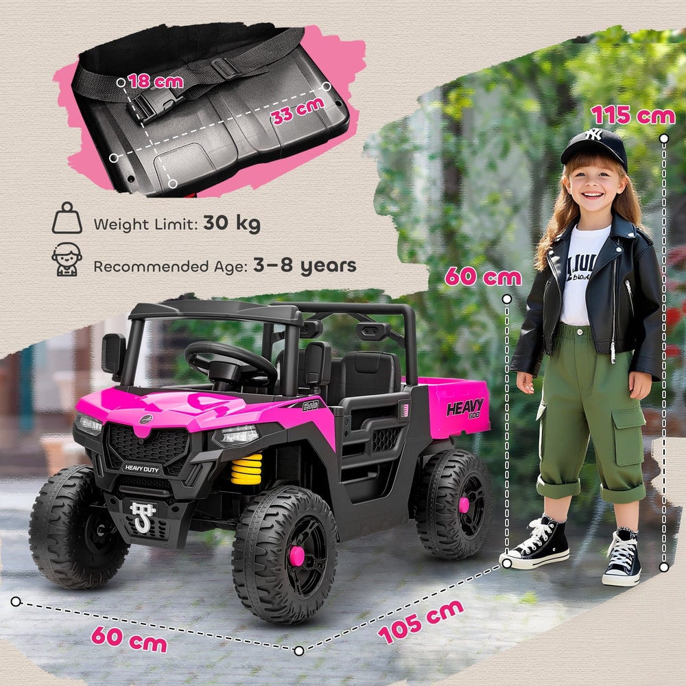 The kids ride on car shown with dimension lines and labels indicating size and weight limits