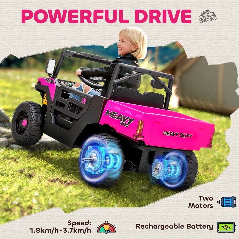 The kids electric UTV on grass with blue glowing graphics highlighting the dual motor system
