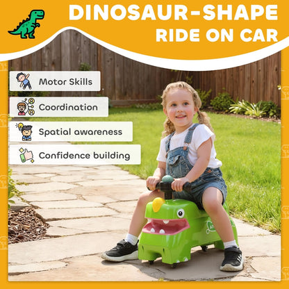 A girl sits on the green dinosaur foot to floor slider, with text highlighting benefits