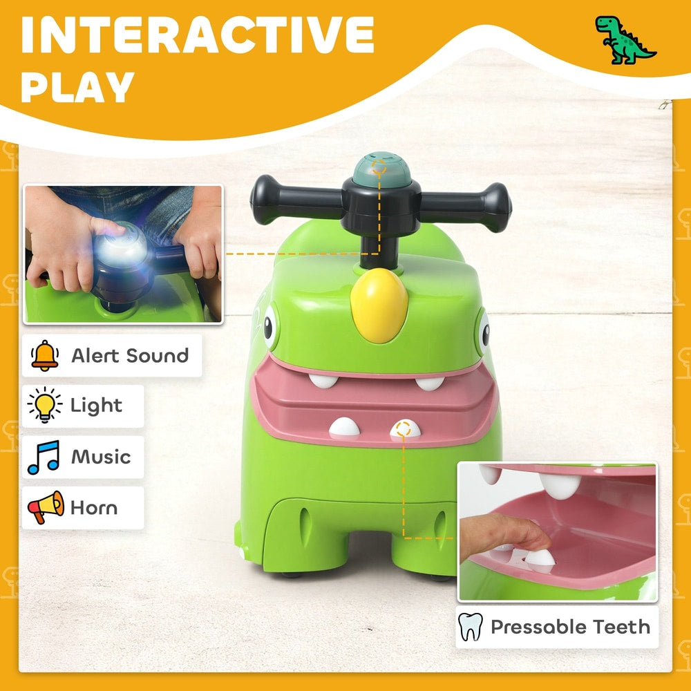 Close-ups of the green dinosaur foot to floor slider showing lights, sounds and storage