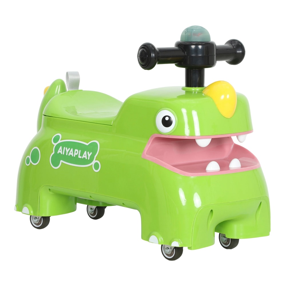 AIYAPLAY Kids Ride On Car, a green dinosaur foot to floor slider with a black steering wheel and pink mouth