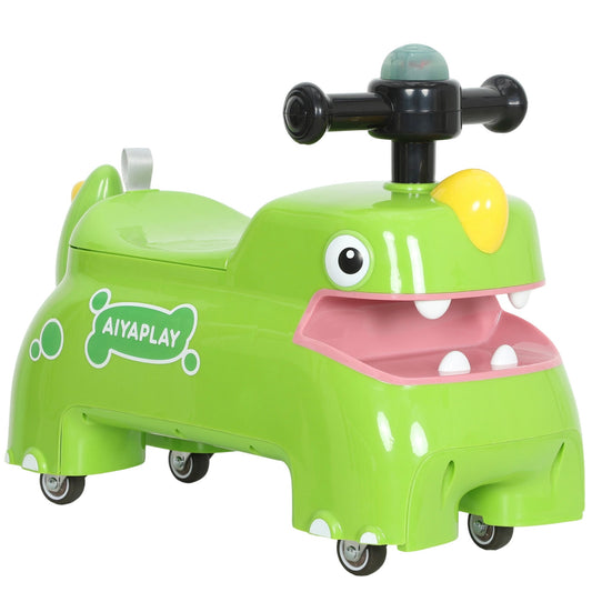 AIYAPLAY Kids Ride On Car, a green dinosaur foot to floor slider with a black steering wheel and pink mouth