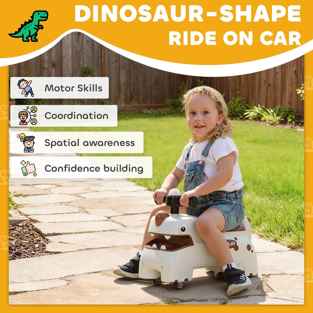 The ride on car being used by a child outdoors with text boxes listing developmental benefits