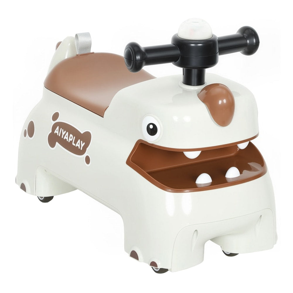 AIYAPLAY Kids Ride On Car in cream with a brown seat and dinosaur face design on a white background