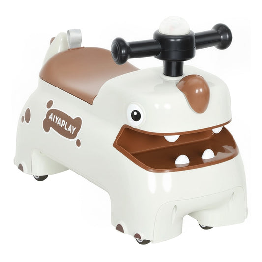 AIYAPLAY Kids Ride On Car in cream with a brown seat and dinosaur face design on a white background
