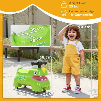 A toddler stands next to the green dinosaur foot to floor slider, showing its dimensions