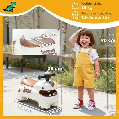 The ride on car shown with dimension labels and a child standing next to it for scale