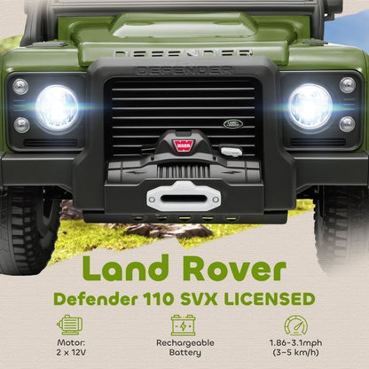 the front grille and bright LED headlights of the green kids ride on car