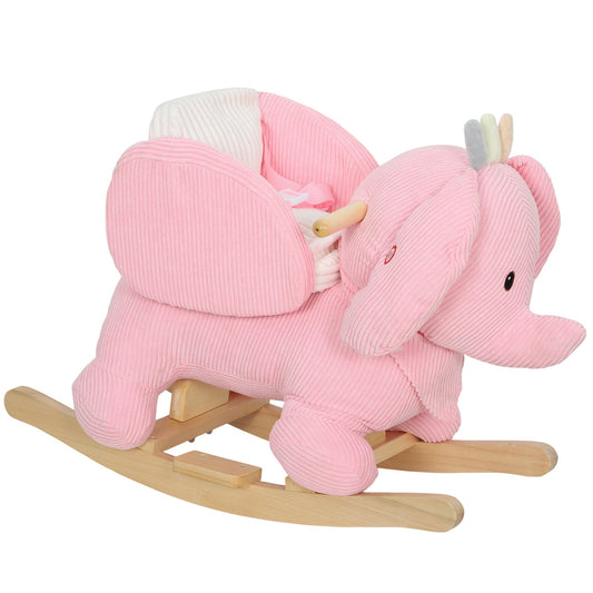 AIYAPLAY Kids Rocking Horse in pink corduroy fabric with wooden rockers on a white background