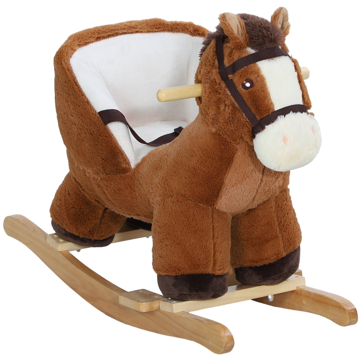 AIYAPLAY Kids Rocking Horse, a brown plush ride-on toy with a wooden base and white trim