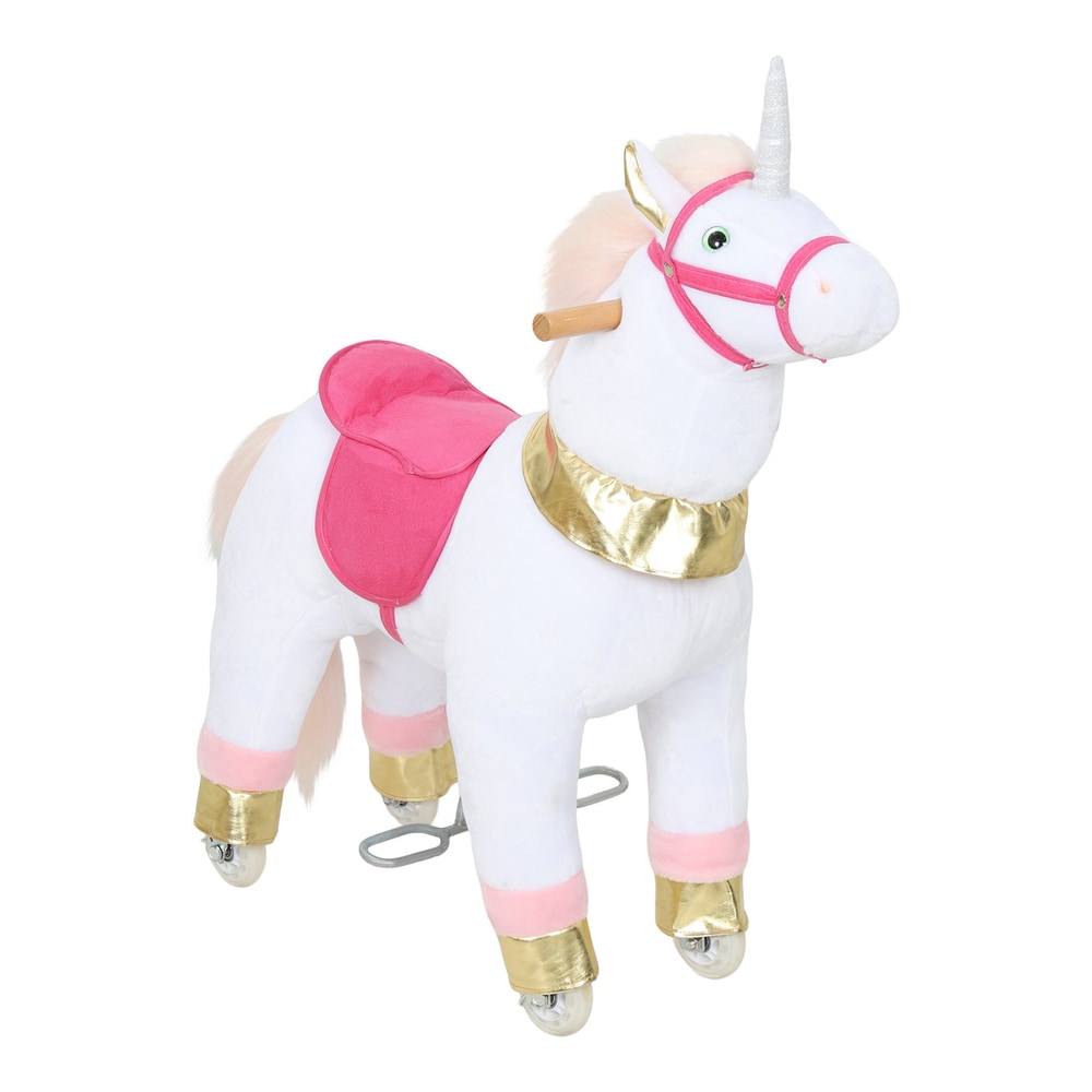 AIYAPLAY Kids Rocking Horse, a white plush unicorn with pink saddle and gold trim, on wheels