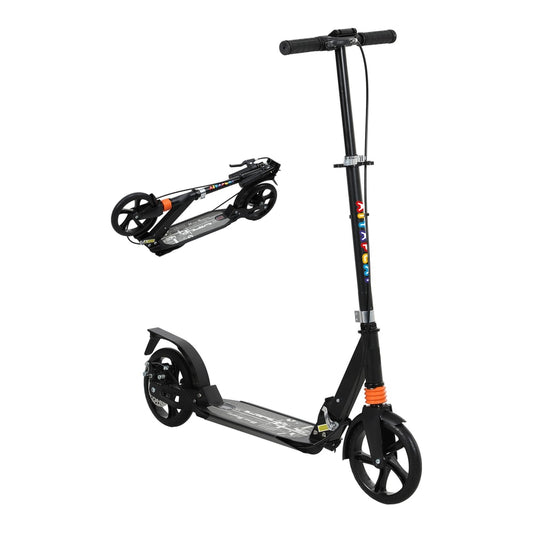 AIYAPLAY Kids Scooter with Four-Level Adjustable Handlebar, black, folded and unfolded