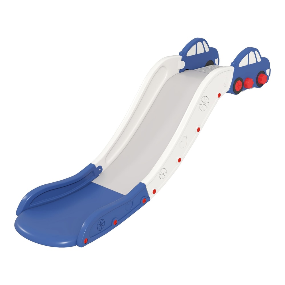 AIYAPLAY Kids Slide for Bed, a blue and white plastic slide with car decorations at the top