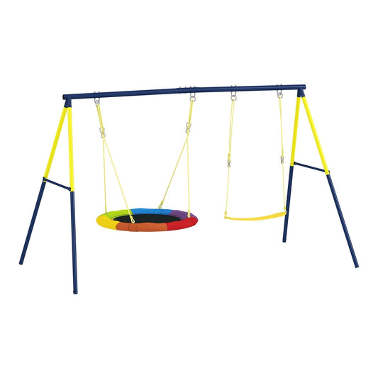 AIYAPLAY Kids Swing Set with Double Swings featuring a round rainbow seat and a yellow belt seat