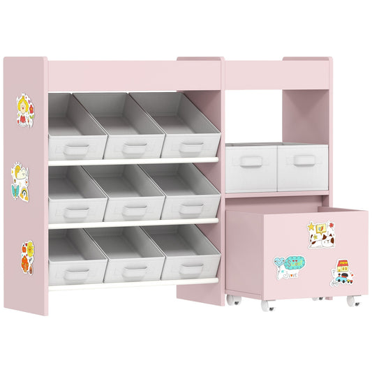 AIYAPLAY Kids Toy Storage Unit with 11 Bins in pink with white storage boxes and decorative stickers