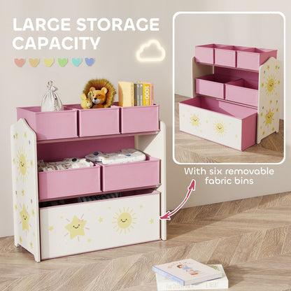 The kids storage unit featuring a large capacity highlight and a close-up of the fabric bins