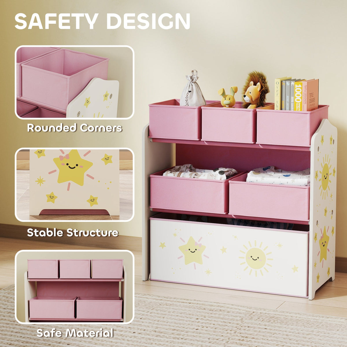 The kids storage unit with inset panels highlighting rounded corners and stable structure