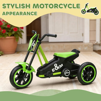 The green and black kids tricycle parked on a patio with a house in the background