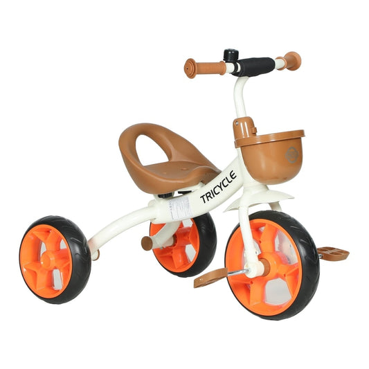 AIYAPLAY Kids Trike, a white and orange tricycle with a brown seat and basket