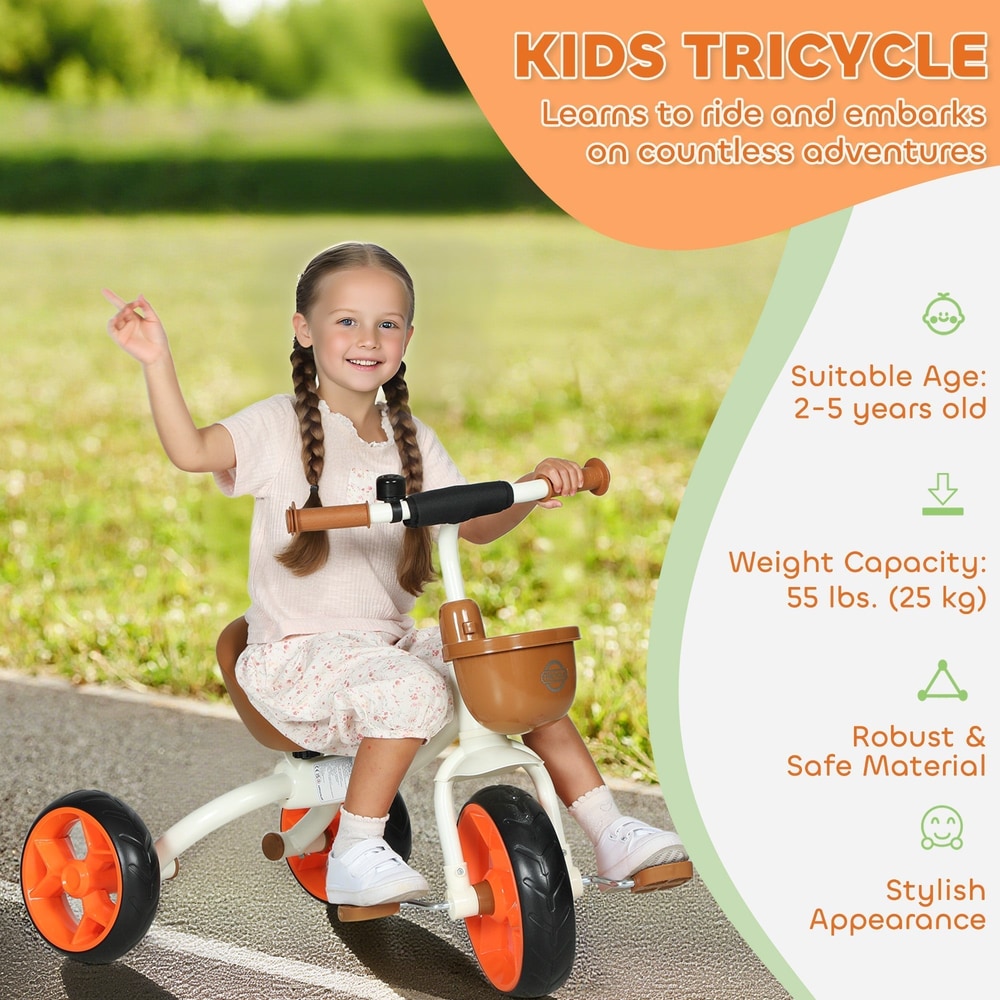 A girl sits on the orange kids tricycle with text about suitability and features