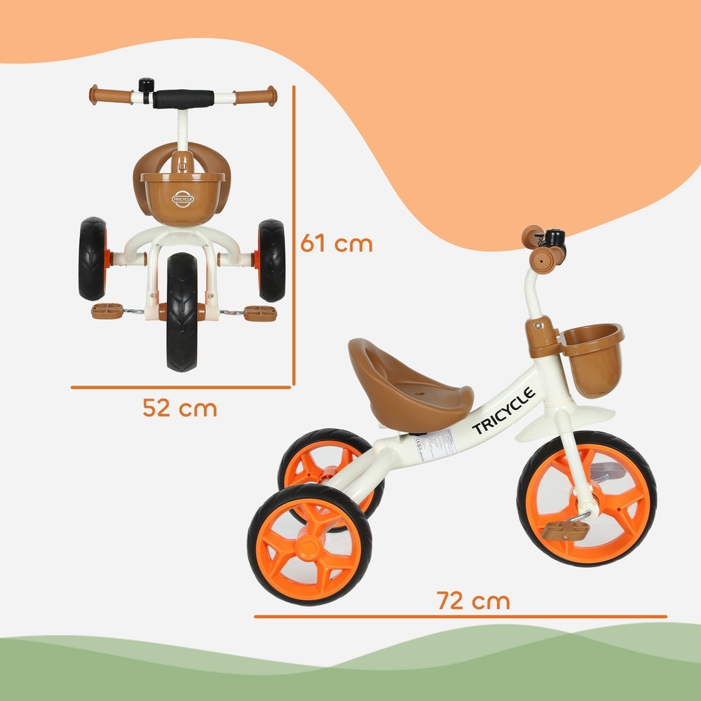 A diagram showing the dimensions of the orange and white kids tricycle