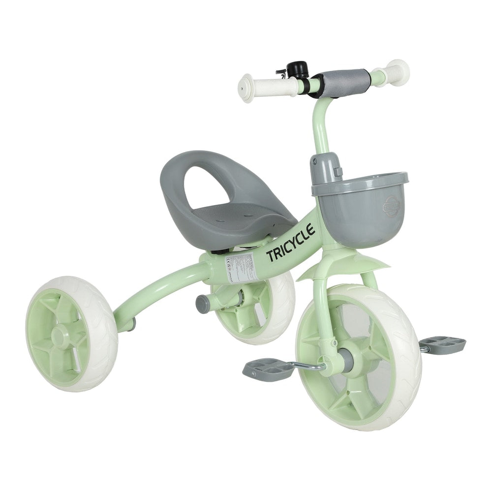 AIYAPLAY Kids Trike in green with a front storage basket and grey seat on a white background