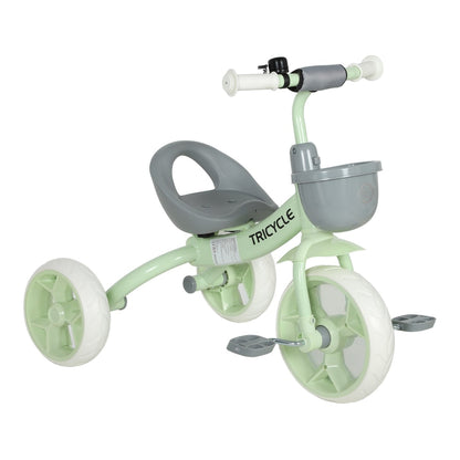 AIYAPLAY Kids Trike in green with a front storage basket and grey seat on a white background