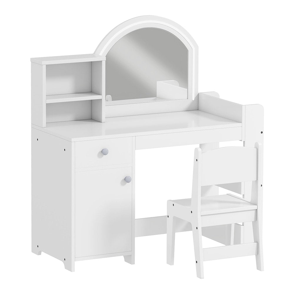 AIYAPLAY Kids Vanity Table and Chair Set with arched mirror and white stool