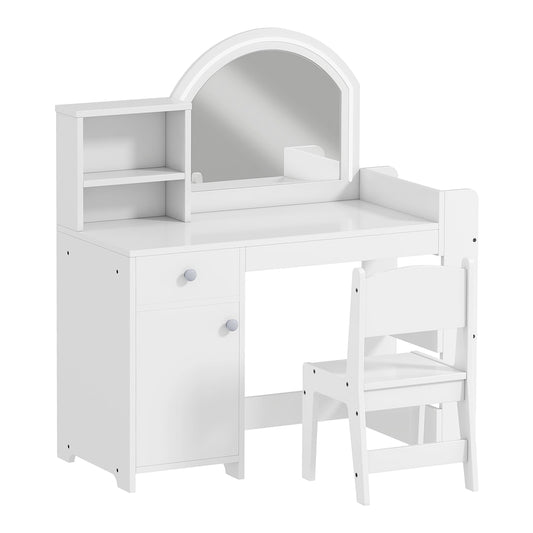 AIYAPLAY Kids Vanity Table and Chair Set with arched mirror and white stool