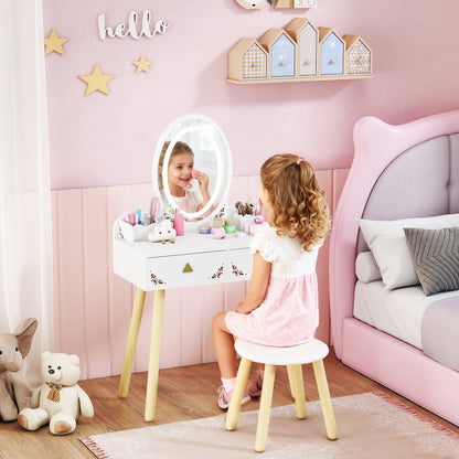 The dressing table in a child's bedroom with a young girl sitting on the matching stool
