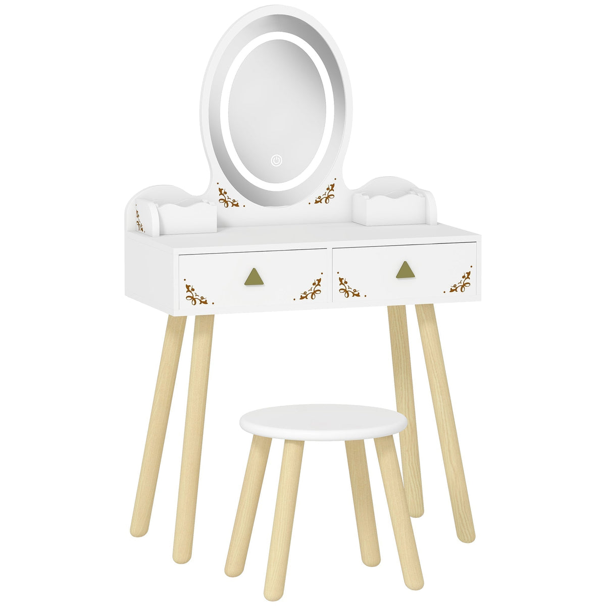 AIYAPLAY Kids Vanity Table and Chair Set with an oval mirror and two drawers on a white background