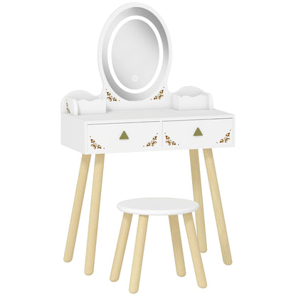 AIYAPLAY Kids Vanity Table and Chair Set with an oval mirror and two drawers on a white background