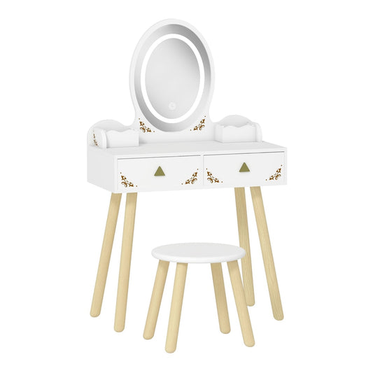 AIYAPLAY Kids Vanity Table and Chair Set with an oval mirror and two drawers on a white background